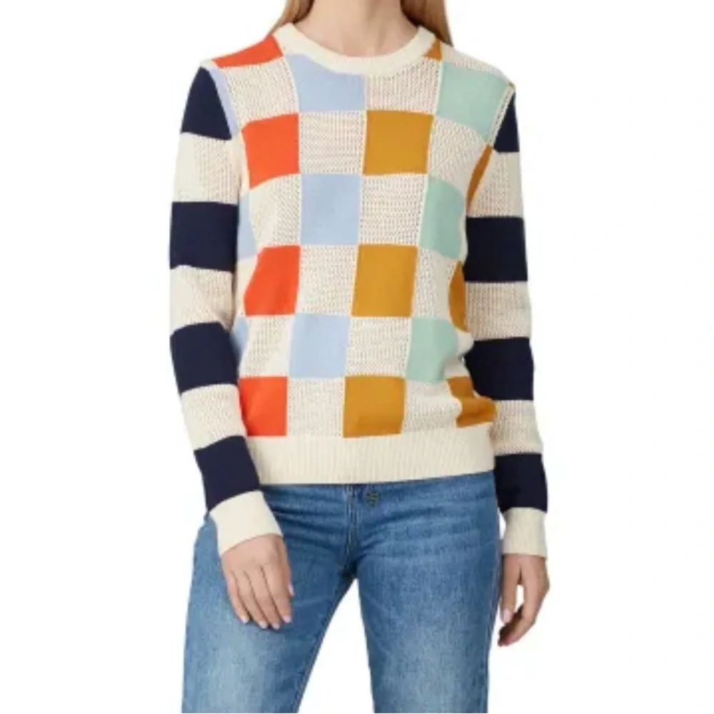Tory Sport Colorblock Checker Knit Sweater in Ivory, Blue, Mustard & Coral - Picture 3 of 8
